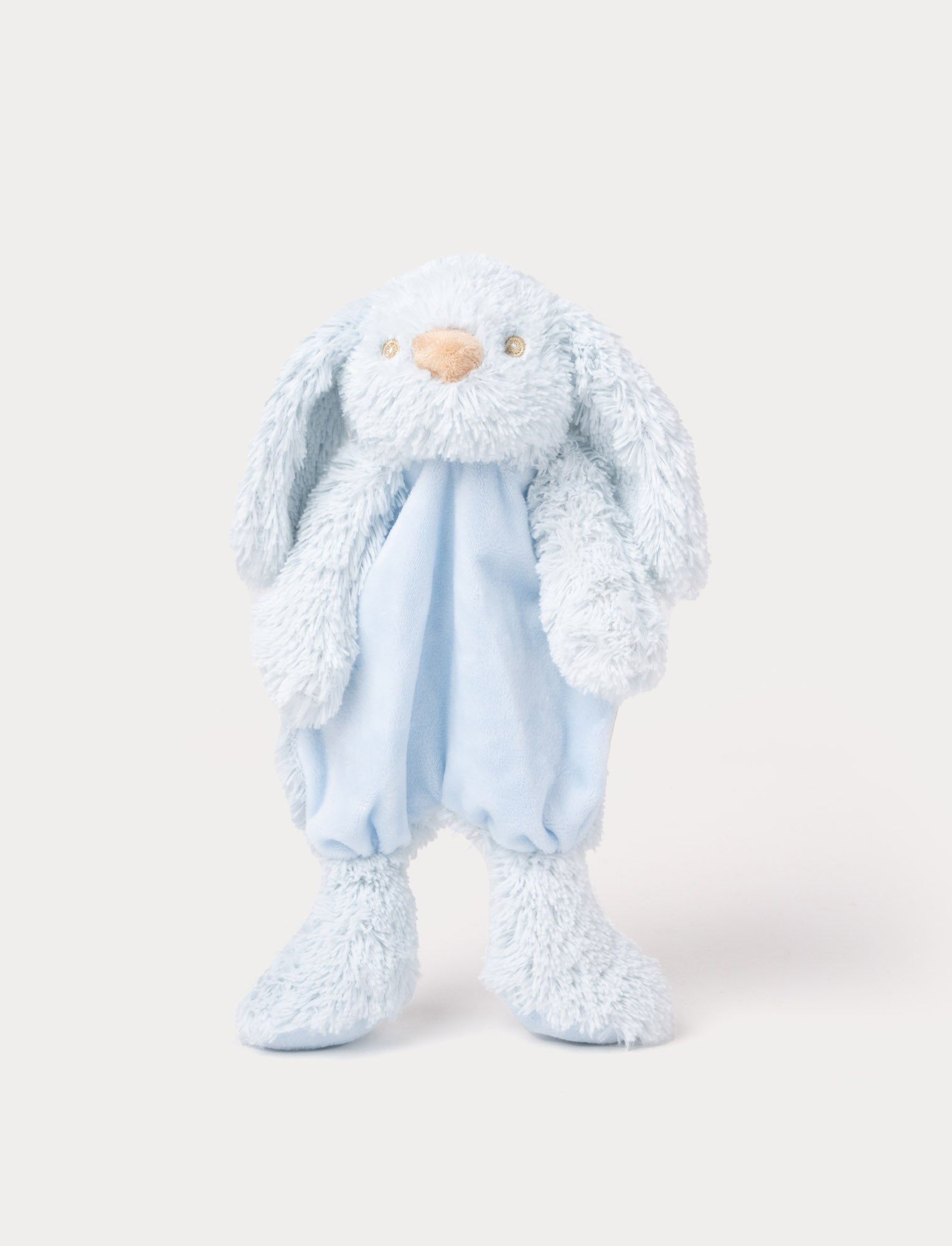  Image of Soft plush bunny blanket with a light blue fabric body, floppy furry ears, and fluffy paws.