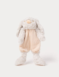 Soft baby blanket with a plush beige bunny head, floppy furry ears, and a cozy fabric body.