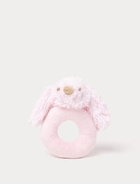 Soft pink baby rattle with a plush bunny head and floppy furry ears.