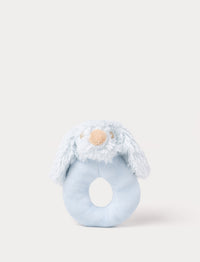 Soft blue baby rattle with a plush bunny head and floppy furry ears.