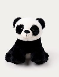 A cuddly panda with soft black-and-white fur, an adorable nose, and lively plastic eyes.