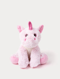 Soft pink plush unicorn with a sparkly horn, round eyes, and floppy legs, sitting upright.