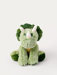 Soft green triceratops plush with three white horns, a dark green frill, and embroidered eyes.
