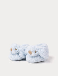 Soft baby blue plush slippers shaped like bunnies, with floppy ears and stitched eyes and noses.