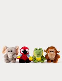 Four colorful plush toys (elephant, parrot, crocodile, monkey) on a white background