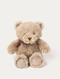 Soft, light brown teddy bear with fluffy fur, a stitched brown nose, and a mauve ribbon tied around its neck.
