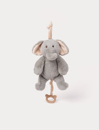 Soft grey elephant plush with large ears and a pull-string music box attachment.