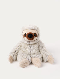 Soft grey sloth plush with a beige face, brown eye markings, and long floppy arms.