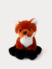 Soft red fox plush with white accents, black paws, and shiny black eyes.