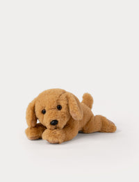Brown plush dog toy on a white background