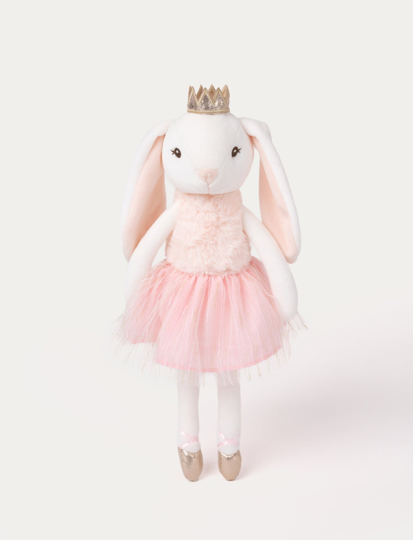 Elegant white plush bunny wearing a pink skirt, gold ballet shoes, and a small gold crown.