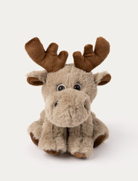 Soft moose plush with light brown fur, dark brown antlers