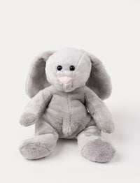 Soft grey bunny plush with long floppy ears, a pink nose, and shiny black eyes.
