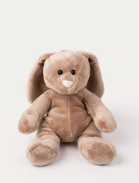 Soft brown bunny plush with long floppy ears, a pink nose, and shiny black eyes.