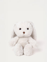 Soft white plush bunny with long floppy ears, brown eyes, and a stitched brown nose.