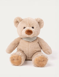 Soft beige teddy bear with a brown nose, black eyes, and a striped gray and white scarf around its neck.