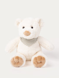 Soft white teddy bear with a brown nose, plush paws, and a striped gray and white scarf around its neck.