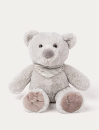 Soft gray teddy bear with a plush nose, brown paws, and a striped gray and white scarf around its neck.