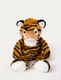 Soft plush tiger with orange and black stripes, white accents, black-tipped ears, and a stitched pink nose.