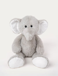 Soft, grey plush elephant with large floppy ears, black button eyes, and white accents on ears and feet.