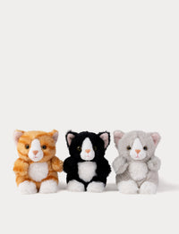 Three plush cat toys in orange, black, and gray on a white background