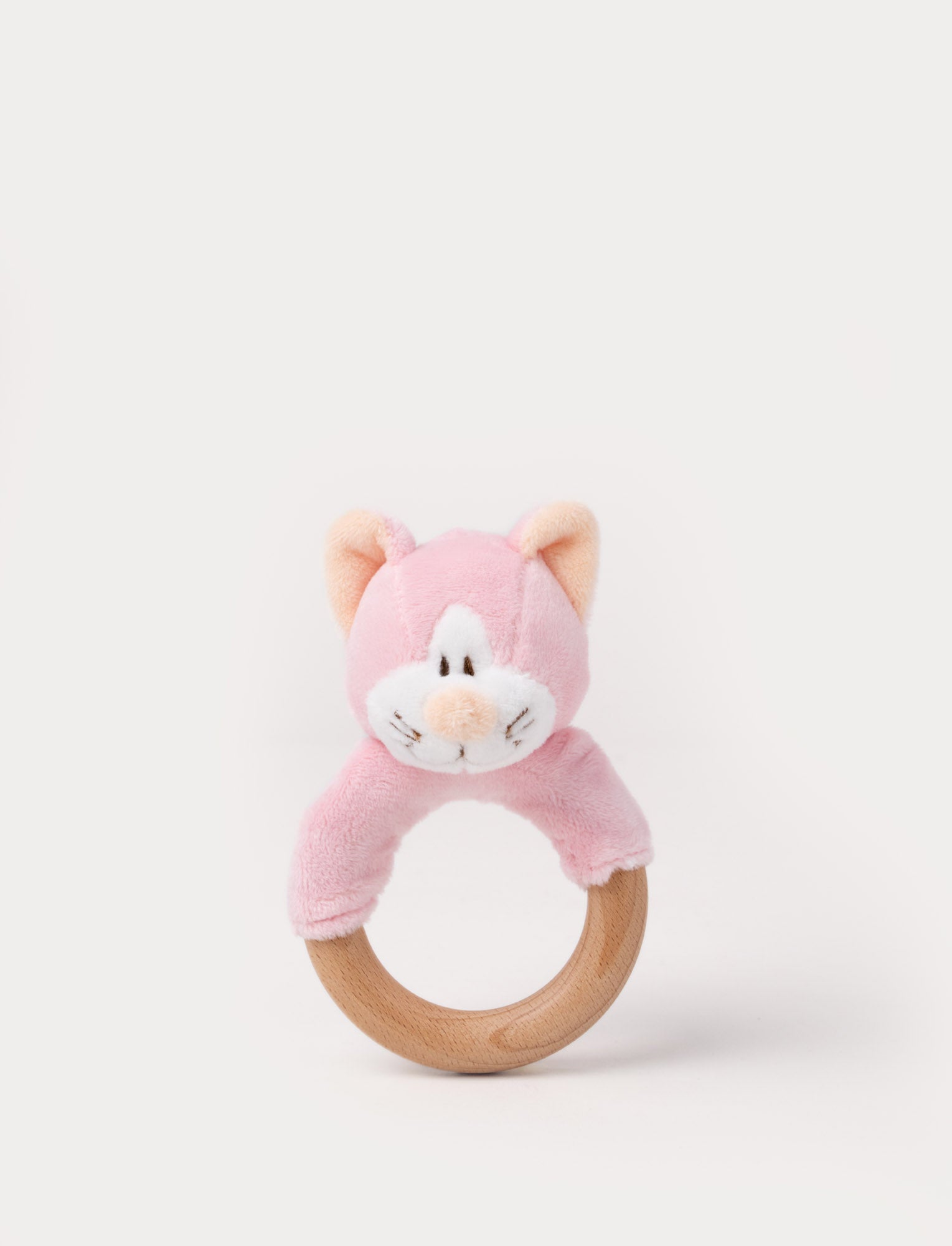  Image of A pink plush cat-shaped rattle with a natural wooden teething ring.