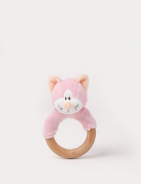 A pink plush cat-shaped rattle with a natural wooden teething ring.