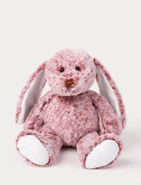 Soft, pink speckled plush bunny with long floppy ears, black button eyes, a brown nose, and white paw pads.