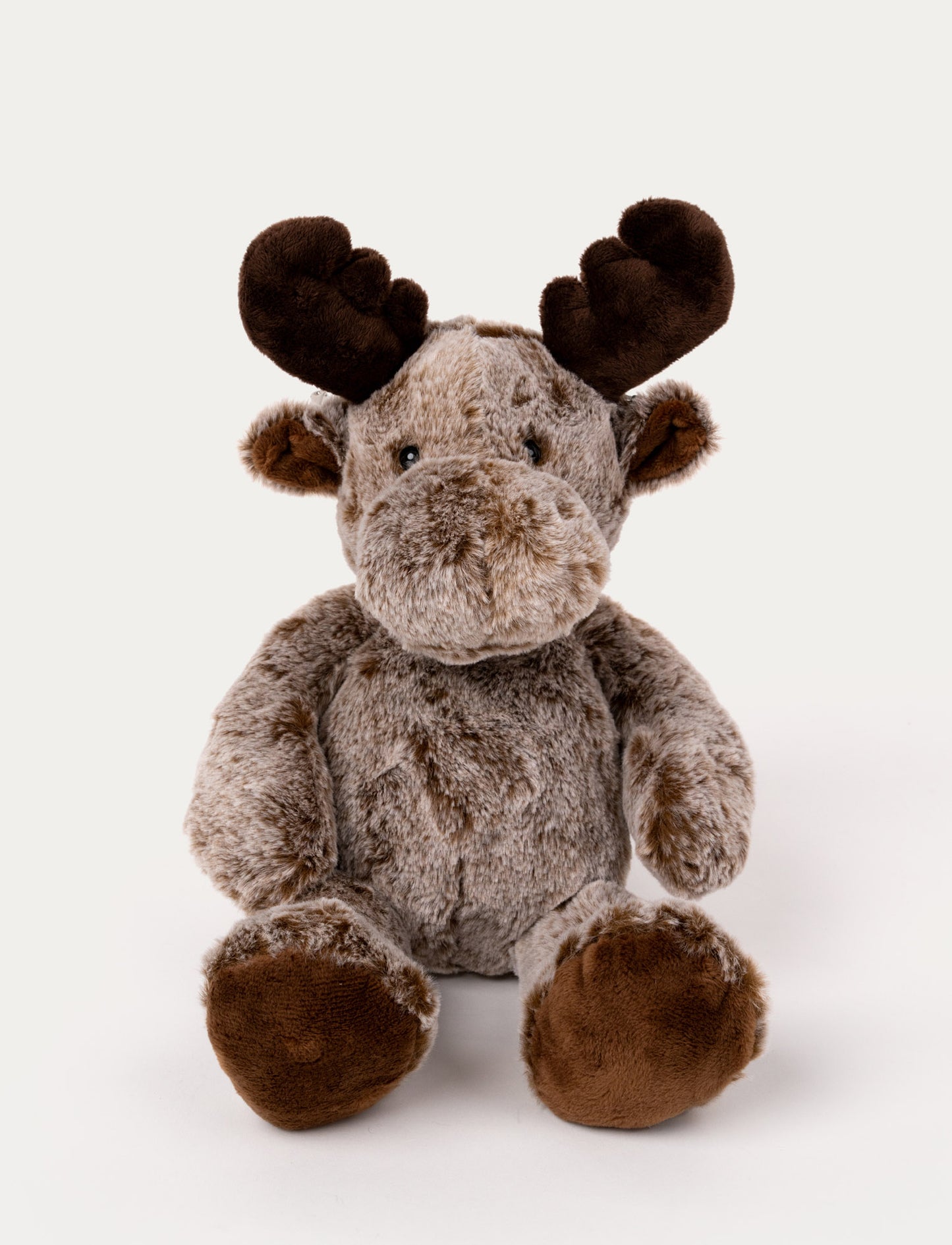 Soft, plush moose with light brown fur, dark brown antlers, black button eyes, and brown paws.