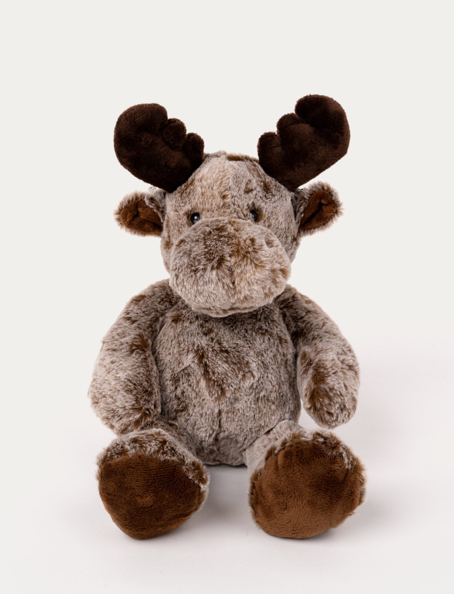  Image of Soft, plush moose with light brown fur, dark brown antlers, black button eyes, and brown paws.