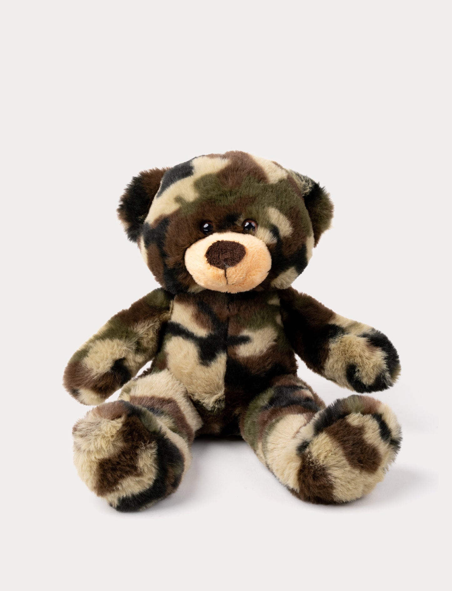 Soft teddy bear plush with camouflage-patterned fur, a light brown muzzle, and shiny black eyes.