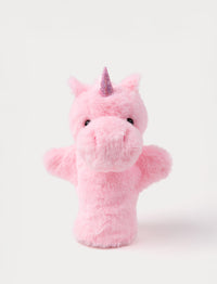 Soft pink unicorn hand puppet with a glittery horn, small ears, and shiny black eyes.