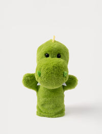 Soft green dinosaur hand puppet with tiny white teeth, a yellow crest, and shiny black eyes.