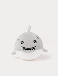 Soft grey shark plush toy with a smiling face and small fins