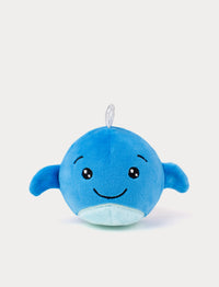 Soft blue whale plush toy with a smiling face and silver spout on top