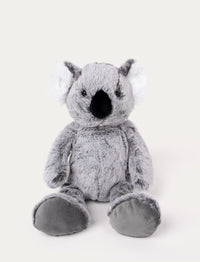 Soft, plush koala with grey fur, fluffy white ears, a black nose, and large padded feet, sitting upright.