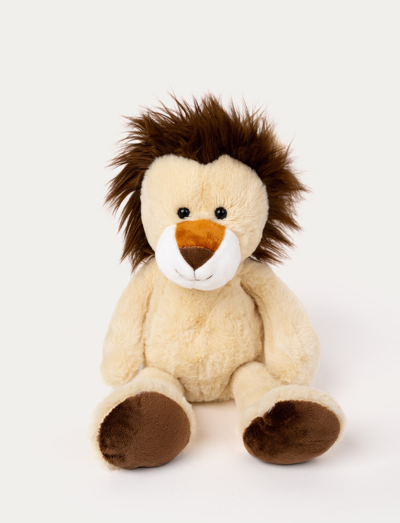  Image of Soft, plush lion with light beige fur, a fluffy brown mane, black button eyes, and brown paw pads.