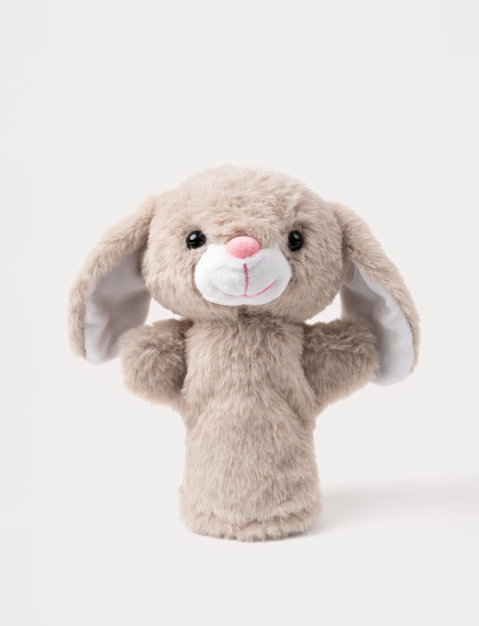  Image of Soft beige bunny hand puppet with long floppy ears, a pink nose, and shiny black eyes.