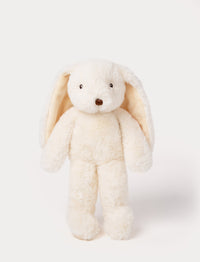 Soft, plush bunny with cream-colored fur, long floppy ears, black button eyes, and a small stitched nose.