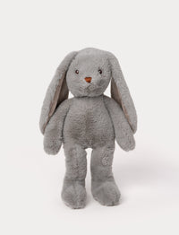 Soft, plush bunny with grey fur, long floppy ears, black button eyes, and a small stitched brown nose.