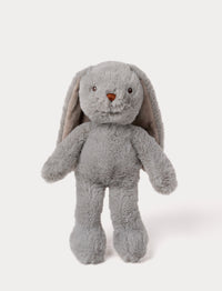 Soft, plush bunny with grey fur, long floppy ears, black button eyes, and a small stitched brown nose.