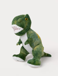Soft, plush T-Rex with green textured fur, a white belly, yellow eyes, embroidered details, and an open mouth with plush teeth.