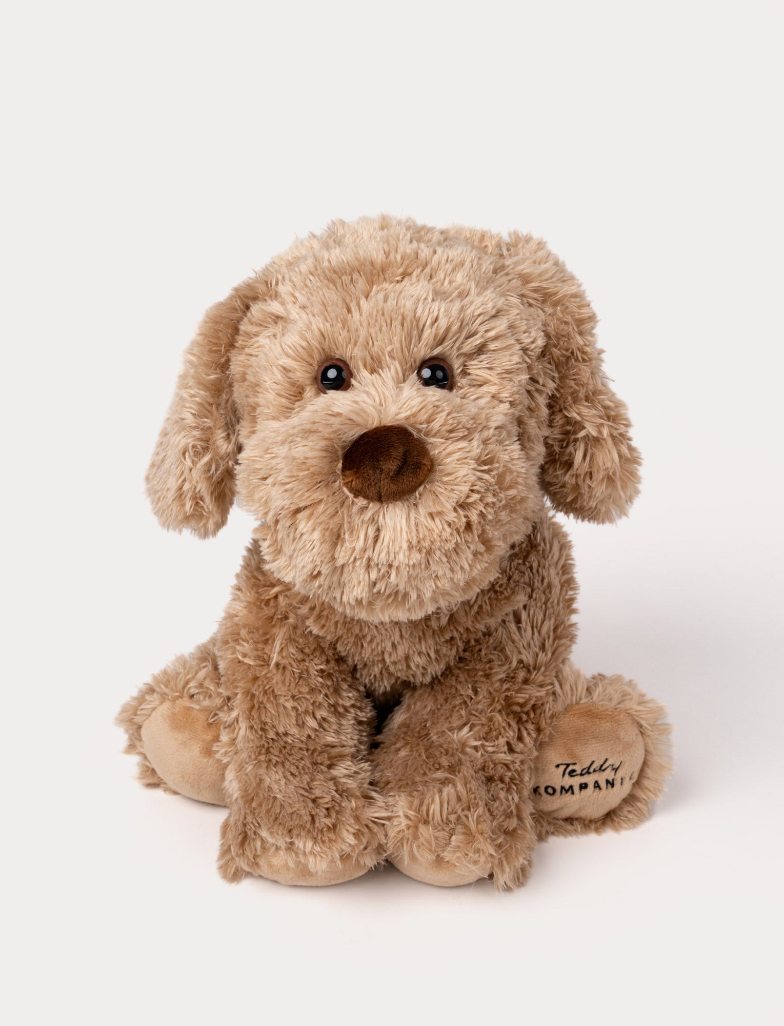  Image of Soft, plush dog with light brown fluffy fur, black button eyes, a brown nose, and embroidered text on one paw.