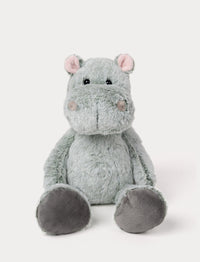 oft, plush hippo with light grey/green fur, round black eyes, small pink ears, and dark grey paw pads.