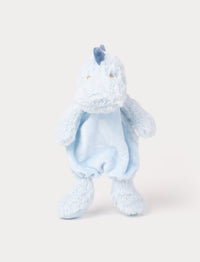 Soft baby blanket with a plush light blue dino head, drak blue spikes, and a cozy fabric body.