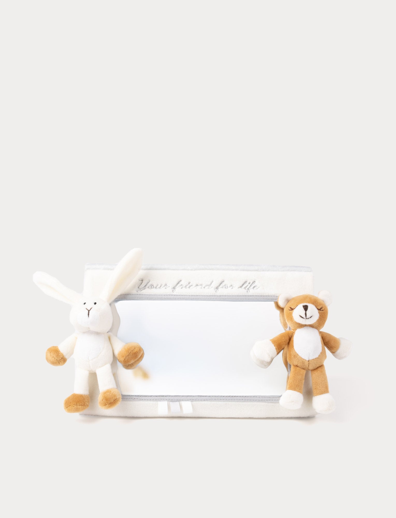  Image of Soft baby activity mirror in fabric with a bunny and a teddy bear on the sides