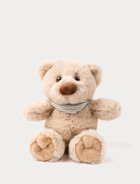 A light beige teddy bear with an adorable scarf made of organic cotton.