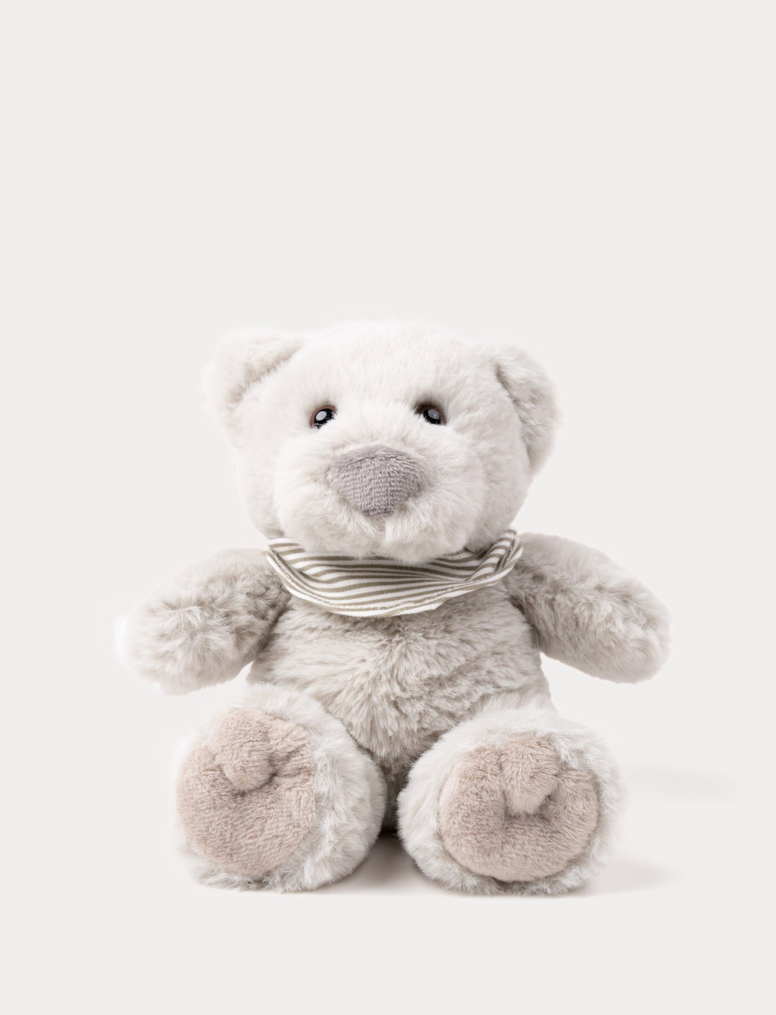  Image of A soft grey teddy bear with an adorable scarf made of organic cotton.