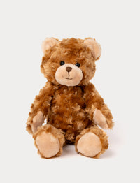Soft, plush teddy bear with curly golden-brown fur, black button eyes, a stitched nose, and beige paw pads.