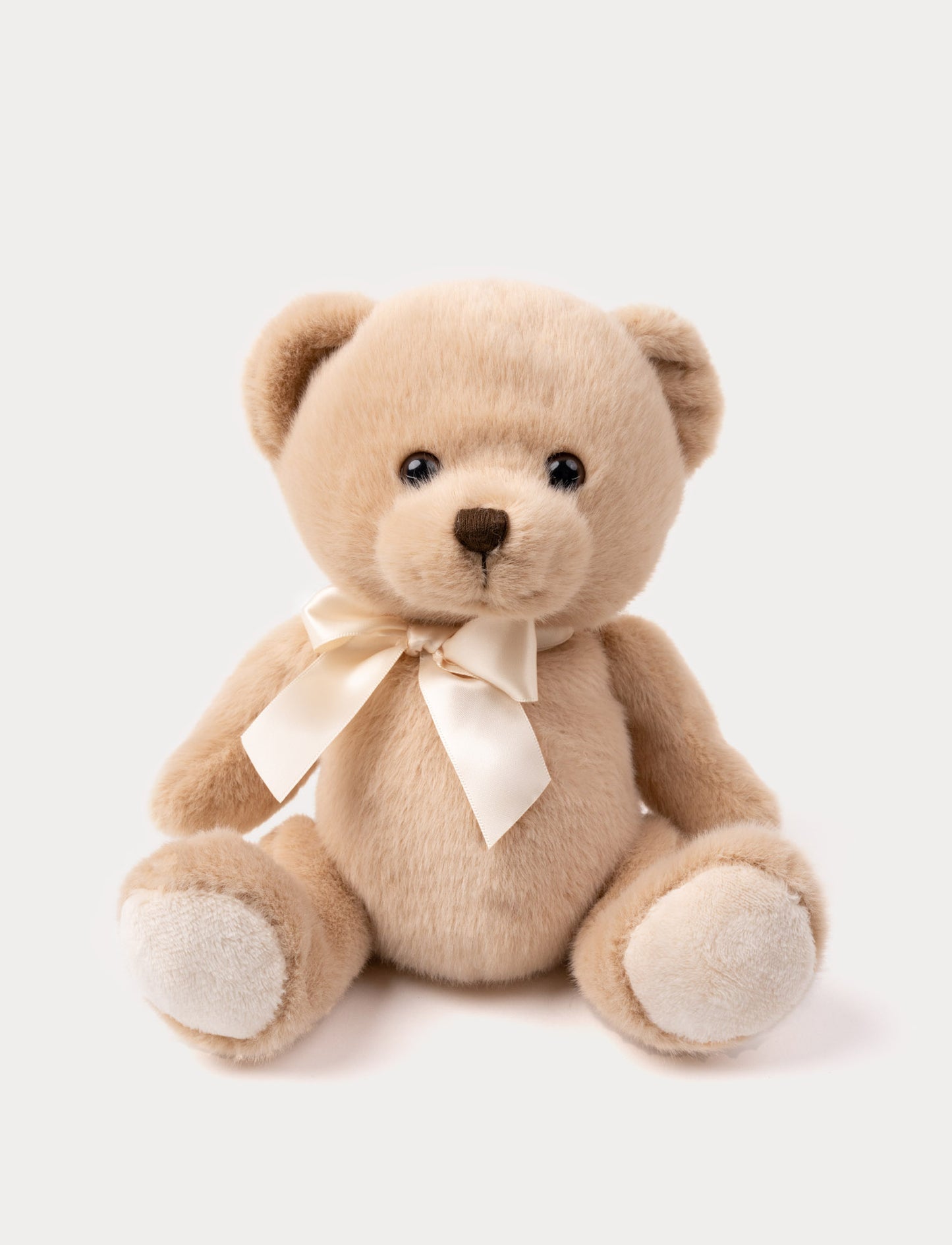 A small teddy bear with soft fur, a satin bow, and light beige paws.